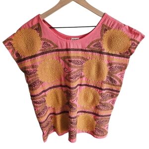 Sister Mary Pink Floral Embroidered Gabriela Short Sleeve Top
